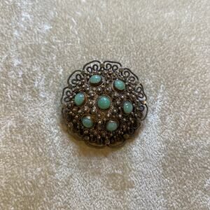 Antique Chinese Export Silver Jadeite Filigree Brooch 1940s Art Deco Intricate